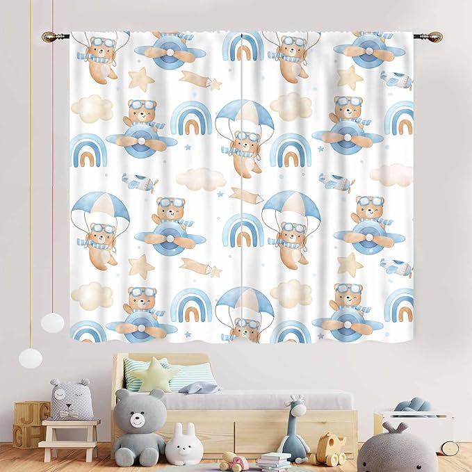 Cartoon Bear Curtains, Kids Boys Girls Cute Lovely Bear Adventure Airplane Cloud Pastel Blue Window Drapery Treatments for Baby Living Room Bedroom Nursey Toddler Classroom 2 Panels, 42"x54" Inch