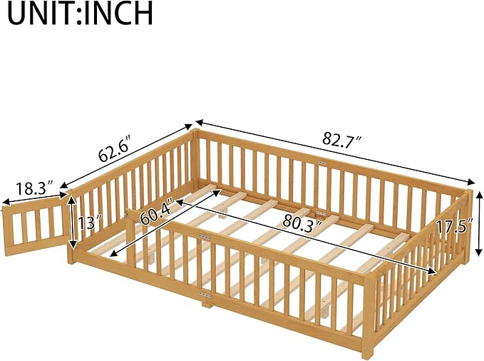 Harper & Bright Designs Queen Size Montessori Bed with Door and Fence, Kid's Floor Bed Frame with Solid Wood Support Slats for Boys, Girls, Natural