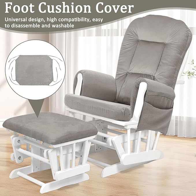 BECHAEO 5PCS Velvet Glider Rocker Replacement Cushions with Ottoman Cover Soft Thicken Rocking Chair Cushion Set for Indoor Nursery Glider Rocking Chair, Greige
