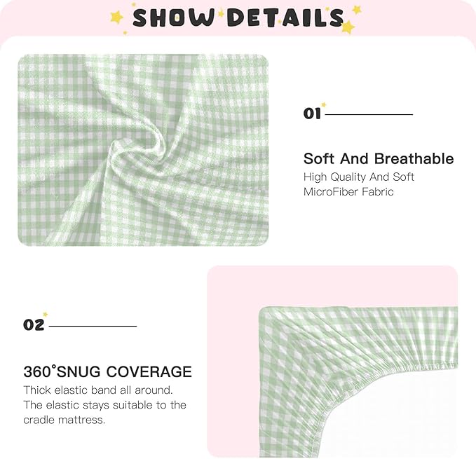 Green Gingham Checkered Crib Sheets for Boys Girls Soft Breathable Mini Crib Sheets for Baby 52" x 28"