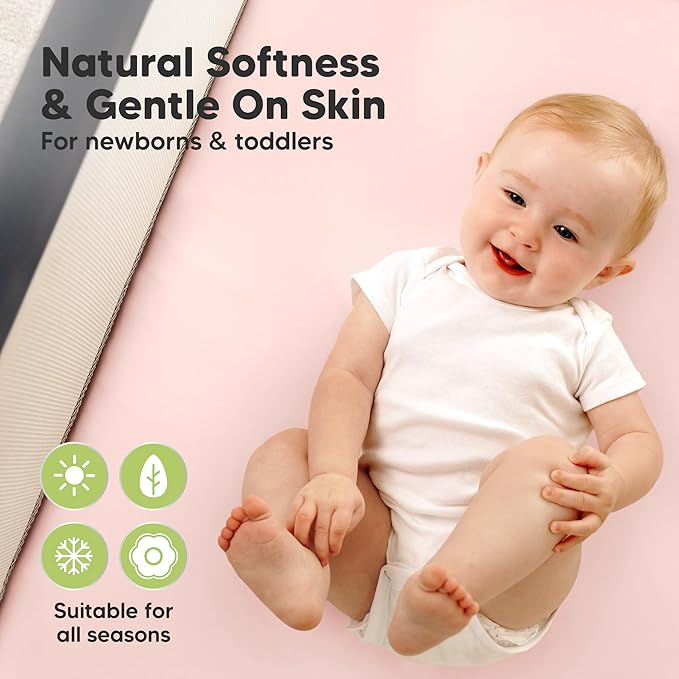 2-Pack Pack and Play Sheets, Waterproof Mini Crib Sheets Fitted - Organic Cotton Pack N Play Sheets for Graco Pack and Play Mattress, Playard Baby Crib Sheets, Neutral for Boy,Girl,Toddler (Mist Rose)