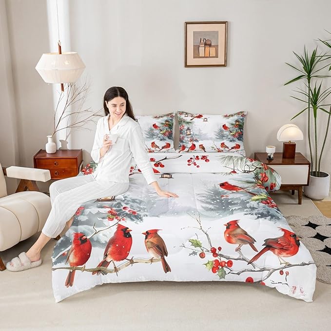 jejeloiu Kids Red Cardinal Comforter Set King Size Christmas Theme Bedding Set for Boys Girls Teens Xmas Birds Winter Country Woodland Animal Duvet Quilt Room Decor