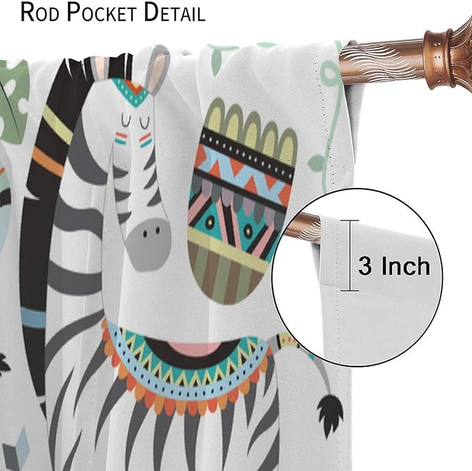 Jungle Tribal Animals Curtains, Southwest Aztec Cartoon Funny Zoo Animals Giraffe Lion Elephant Zebra Tiger Print Thermal Insulation Window Drapes for Kids Boys Girls Bedroom Living Room 55x63in