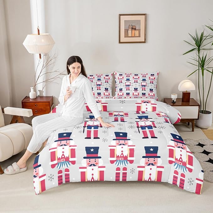 Feelyou Cute Nutcracker Comforter Set Twin Size Christmas Ornaments Bedding Set for Kids Boys Girls Xmas Snowflake Duvet Quilt Soldier Bedroom Decor Kawaii Microfiber 2 Pcs with 1 Pillow Cases