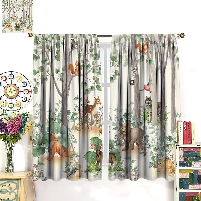 Woodland Animal Curtains, Cartoon Wild Rustic Forest Animals Pattern Blackout Window Treatments, Rod Pocket Thermal Insulated Drapes 2 Panel Sets for Kids Bedroom Nursery Classroom, 55" W X 63" L