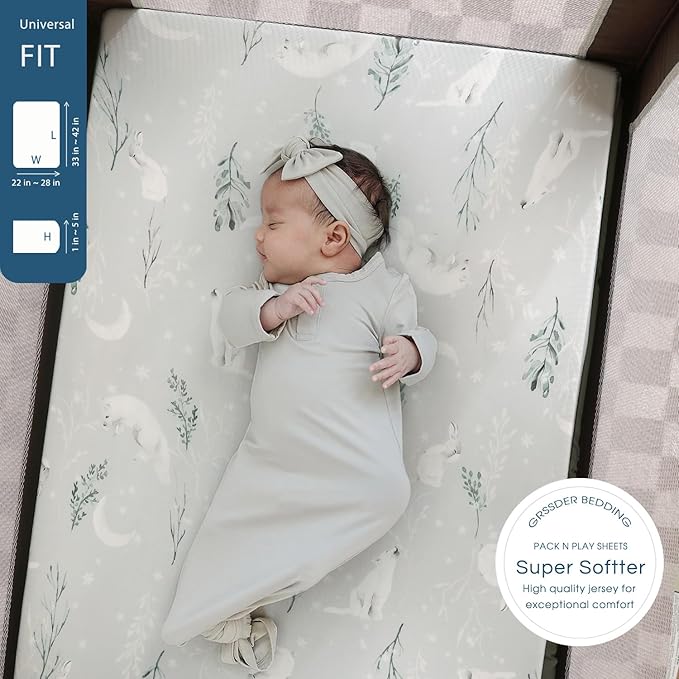 Stretchy Ultra Soft Jersey Knit Fitted Pack and Play Sheets Set 2 Pack, Portable/Mini Crib Sheets Safe and Snug Fitted for Boys and Girls, Cute Bear and Wolf Pattern