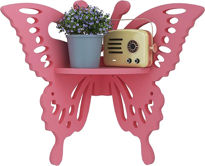 Butterfly Corner Shelf Nursery Wall Deor Floating Corner Shelf for Kid’s Room, Small Cute Decorative Shelf Wall Mounted, Pink Hanging Hollow Out Shelf for Toys, Plants and Decorations Storage, Pink