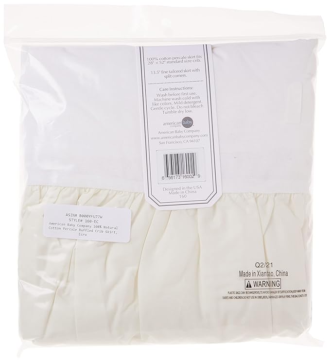 American Baby Company 100% Natural Cotton Percale Ruffled Crib Skirt, Cream, 52"L x 28"W + 13.5"