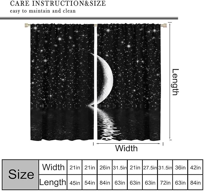 Night Starry Sky Curtain, Black Moon Phase Cloud Stars White New Moon Sparkly Shiny Galaxy Space Lake Fantasy Window Curtains for Kids Boys Girls Room Bedroom Living Room 72" W X 63" L