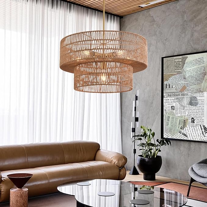 17.72" 4-Light Boho Chandelier Rattan Light Fixture Hand Woven Farmhouse Chandelier for Dining Room Ceiling Hanging Pendant Light for Kitchen Island Lighting
