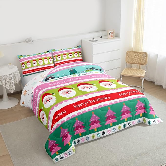 Feelyou Merry Christmas Comforter Set Toddler Size Santa Claus Bedding Set for Kids Boys Girls Xmas Tree Snowflake Duvet Quilt Striped Bedroom Decor Microfiber 2 Pcs with 1 Pillow Cases