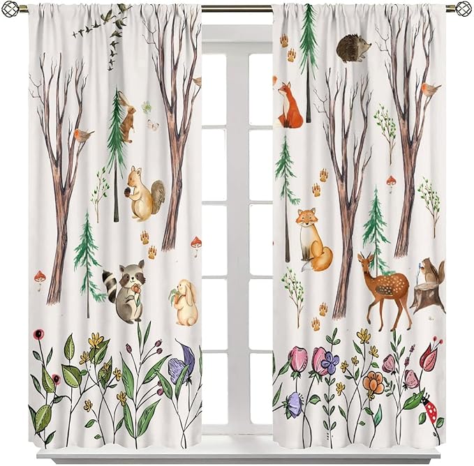 Forest Animal Kids Curtains, Watercolor Cartoon Window Treatments, Cute Animal Floral Girl Toddler Home Bedroom Living Room Drapes 63x72in