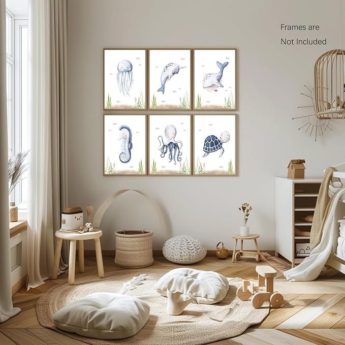 Wodkwq Nursery Wall Art Sea Animal Canvas Prints Baby Girl Boy Room Decor Watercolor Paintings Pictures Cute Ocean Theme Toddler Room Decoration Set of 6 for Kids Bedroom Bathroom 8x10in Unframed
