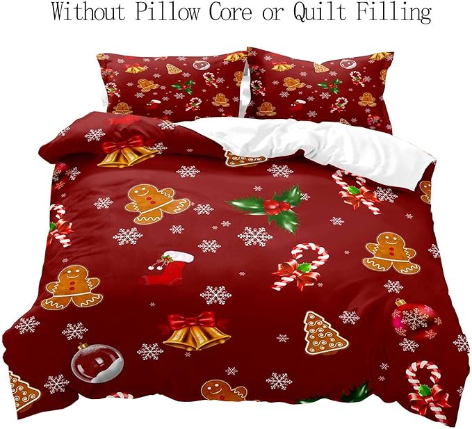 LUVIVIHOME 3PCS Christmas Duvet Cover Queen Bedding Sets, Red Duvet Cover, Boys Girls Kids Bedding, Gingerbread Snowflake Holiday New Year Xmas Gifts Christmas Comforter Quilt Cover, 2 Pillow Cases