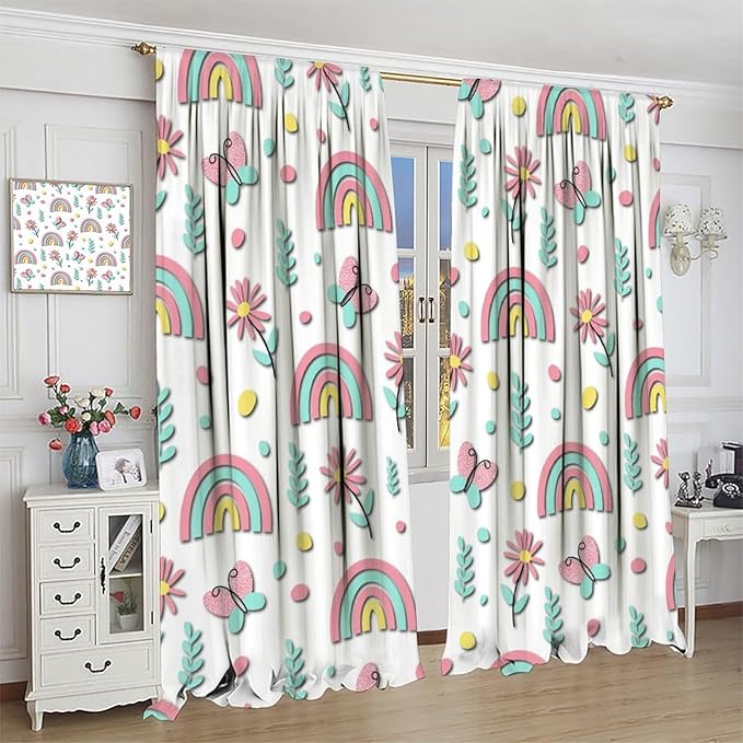 Kids Rainbow Curtains Boho Cartoon Colorful Stars Love Heart Lovely Abstract Art Pattern Print Window Drapes for Girl Bedroom Living Room Kitchen Decor,2 Panel Set,42Wx54H Inch Blackout