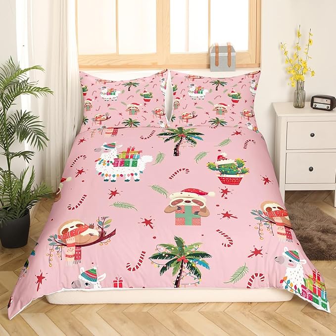 Manfei New Year Duvet Cover Set King Size, Cute Xmas Sloth Alpaca Print Bedding Set 3pcs for Kids Boys Girls Bedroom Decor, Christmas Theme Comforter Cover with 2 Pillowcases,No Comforter