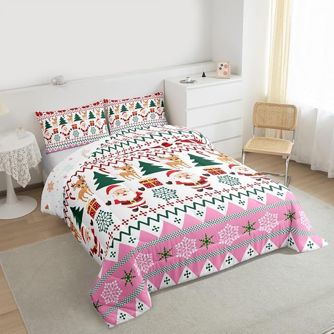 Feelyou Merry Christmas Comforter Set All Season Santa Claus Bedding Set with 2 Pillow Cases Cute Deer Microfiber Kids Queen Bedclothes Snowflake Bedroom Decor Duvet Quilt Breathable Soft