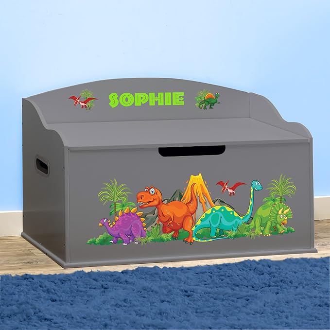 DIBSIES Personalized Creative Wonders Toy Box, Dinosaurs, 30 x 19.25 x 18 inches, Soft-Close Lid (Dovetail Grey)