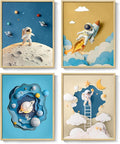 Framed Space Astronaut Wall Art for Nursery Decor, 4 Piece Outer Space Themed Canvas Art Prints Paintings, Planet Rocket Pictures for Bedroom, Kids Room, Baby Room, Boys Room, Bathroom Wall Decor