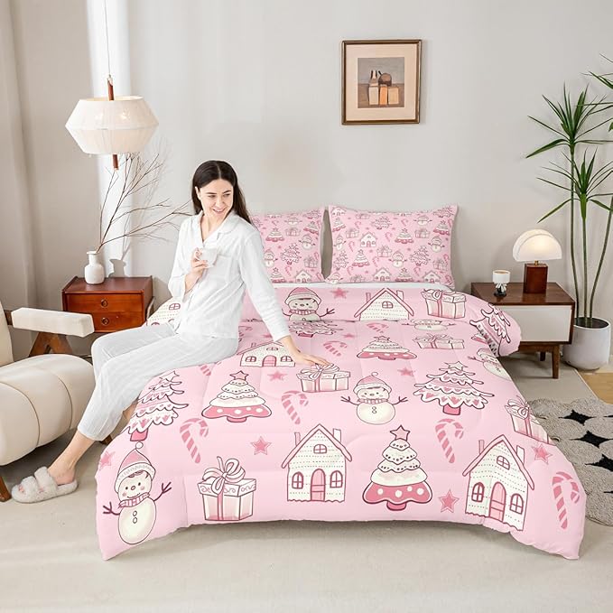 Feelyou Pink Christmas Comforter Set Queen Size Xmas Tree Snowman Bedding Set for Kids Boys Girls Star Gift Duvet Quilt Candy Cane Bedroom Decor Microfiber 3 Pcs with 2 Pillow Cases