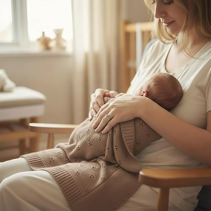 Baby Knit Blanket, 100% Cotton Eyelet Patterns, Soft, Cozy, Lightweight Swaddle for Newborn & Infant Swaddling Beige Neutral, Perfect Baby Shower Ideas Mocha 28x36