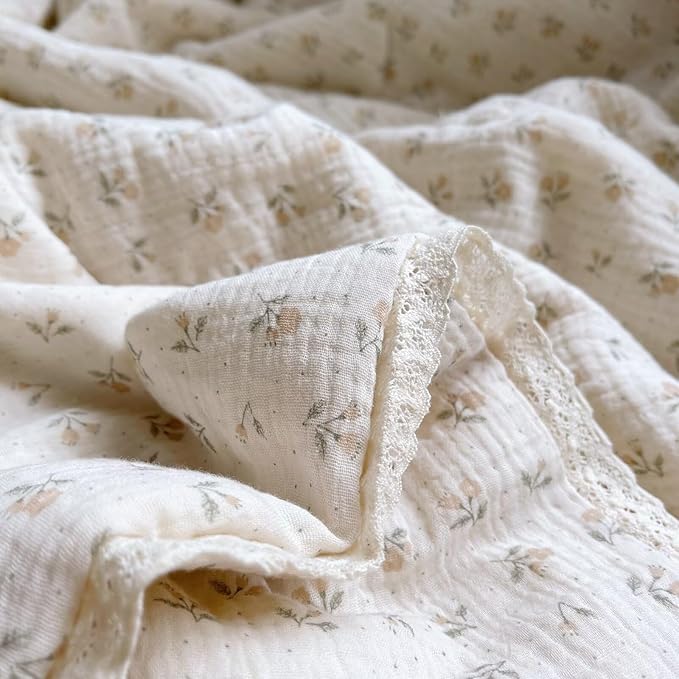 BuLuTu Toddler Bed Quilt with Floral Print Double Layer Muslin Blankets for Children, Ultra Soft Reversible Toddler Kids Quilt Summer Comforter, Sprout Pattern, 60x78 Inches