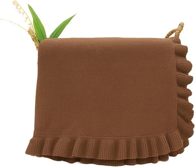 Cotton Baby Blanket with Ruffle Edge Soft Breathable Newborn Blanket for Boys & Girls, Lightweight Knit Throw for Crib, Stroller & Nursery Multiple Colors Available Mocha 30x30