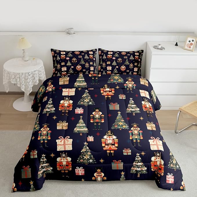 jejeloiu Xmas Nutcracker Comforter Set King Size Christmas Dark Blue Bedding Set for Kids Boys Girls Cute Snowflakes Duvet Quilt Bedroom Decor