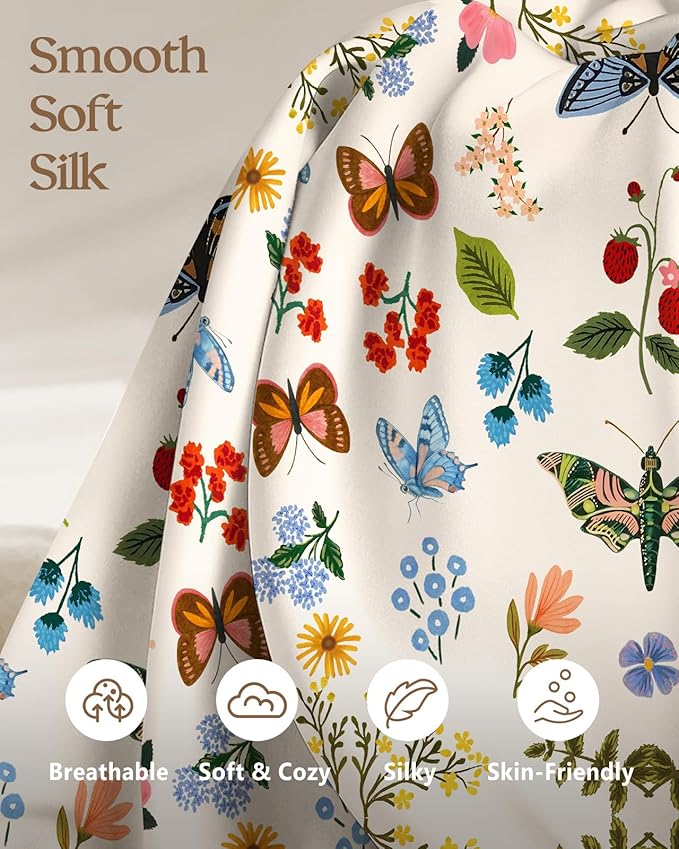 Silk Pillowcase 2 Pack - Pillow Cases 20" x 36" King Size Set of 2 for Hair and Skin Smooth Soft Breathable with Hidden Zipper Cooling Pillow Covers for Sleeping, Butterfly Leaf