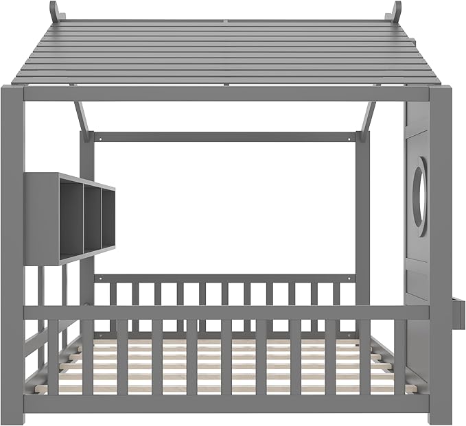 Full Size Floor House Bed with Roof and Window for Kids, Wooden Playhouse Bed with Storage Shelves for Bedroom Furniture Girls & Boys (Gray/L1, Full)