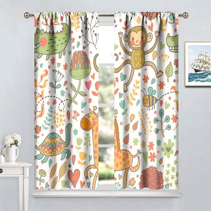Cute Monkeys Curtains, Zoo Theme Cartoon Funny Animals Crocodile Giraffe Turtle with Flowers Print Thermal Insulation Window Drapes for Kids Boys Girls Baby Bedroom Living Room 72x63in