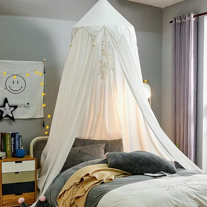 Bed Canopy for Girls, Round Dome Hanging Canopy for Baby Brib Kids Bed Room Decor Reading Nook Indoor Outdoor Playing Castle (White)