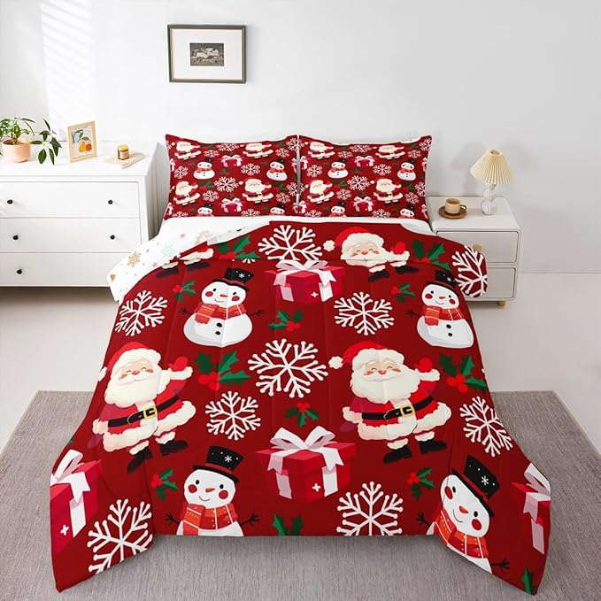 jejeloiu Merry Christmas Comforter Set Queen Size Xmas Santa Claus Bedding Set for Kids Boys Girls Cute Snowman Duvet Quilt Red Bedroom Decor