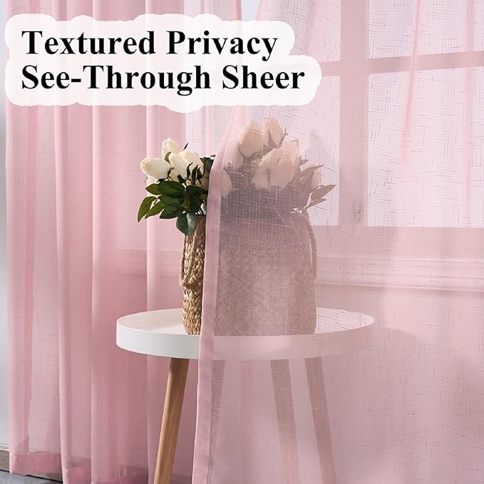 Blush Pink Sheer Curtains 84 Inches Long, Linen Look Textured Light Filtering Drapes for Girls Room Decor, Light Pink Transparent Window Treatments, Pinch Pleat Curtain with Hooks