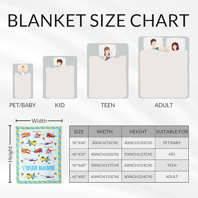 Custom Cute Throw Blanket for Adults - 60" x 80" Inches Airplane Throw Gifts for Boys - Blue Warm Cozy Aircraft Blanket for Bed, Couch, Travel
