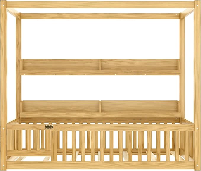 Polibi Twin Size Montessori Floor Bed with Guardrails, Low Profile Solid Wood Canopy Frame with Built-in Shelves, No Box Spring Needed, for Kids, Natural