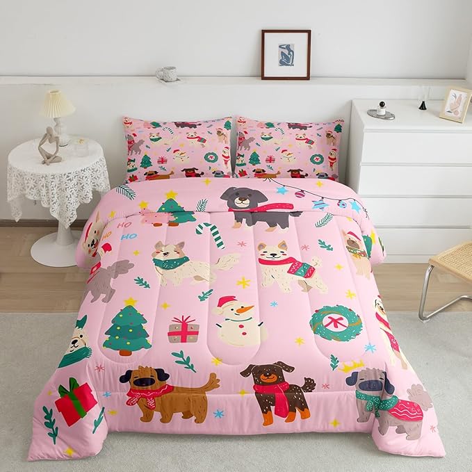 Erosebridal Cute Dog Comforter Set King Size Puppy Dog Cartoon Xmas Bedding Set Christmas Tree Quilts for Kids Boys Girls Bedroom Decor Snowman Duvet Insert with 2 Pillow Cases