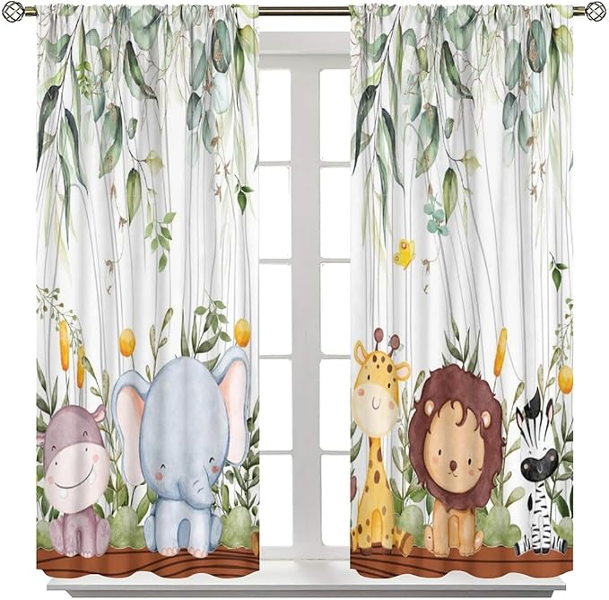 YCness Forest Animal Curtains, Watercolor Wild Animal Bear Fox Deer Kids Window Treatments for Living Room Bedroom, Green Woodland Tree Kids Drapes 2 Panel Sets,55x63 Inch