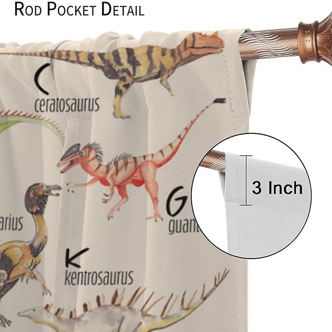 Dinosaur Curtains Cartoon Dino ABC Alphabet Pattern Educational Learning Theme Curtain with Rod Pocket for Kids Nursery Playroom Bedroom Drapes Window Treatments 2 Panels Set 63" W X 63" L