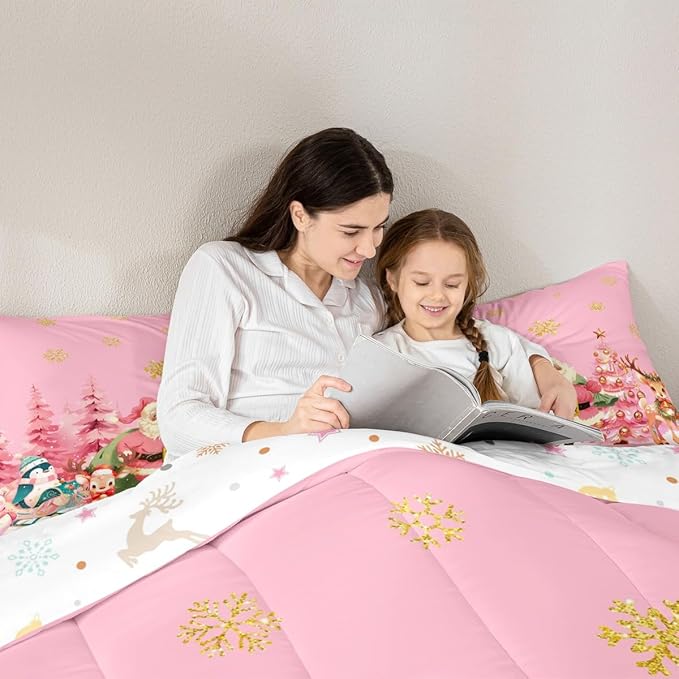 jejeloiu Merry Christmas Comforter Set Twin Size Santa Claus Bedding Set for Kids Boys Girls Cute Deer Duvet Quilt Pink Bedroom Decor