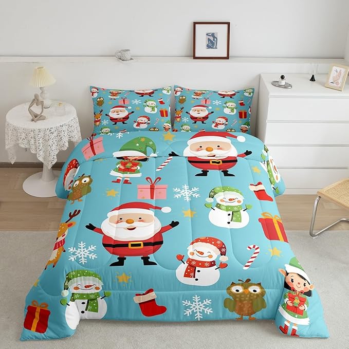Erosebridal Merry Christmas Comforter Set Cartoon Santa Claus Quilts Full Size Holiday Snowman Deer Elk Bedding Set Xmas Decor for Kids Boys Teens Cute Owl Animal Down Comforter,Blue