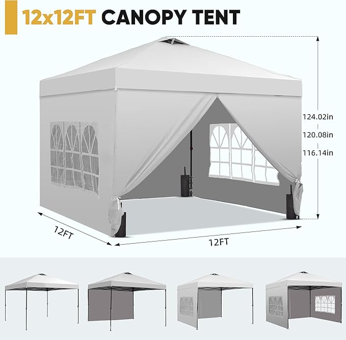 GDY 12x12 Pop Up Canopy Tent with 4 Sidewalls, Easy Set up with One Push Lift Outdoor Silver Coated Beach Gazebos, Carpas for Pool, Events, Parties, and Camping, White.