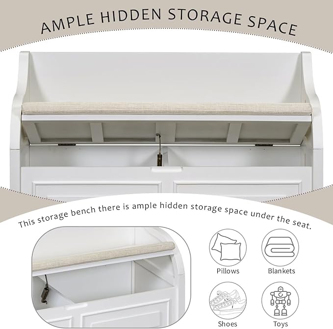 Merax Storage Bench, 41.9” Solid Wood Storage Chest with Backrest and Safety Hinge, Large Storage Space Bench with Upholstered Cushions,Supports 250 lb and Easy Assembly for Small Space, White