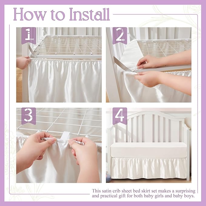 SiinvdaBZX 2-Piece Set Satin Crib Sheets & Crib Bed Skirt, 52" x 28" Silky Soft Ruffled Baby Crib Skirt with Adjustable Elastic 14" Drop, Fit for Standard Crib & Toddler Bedding (Lavender)