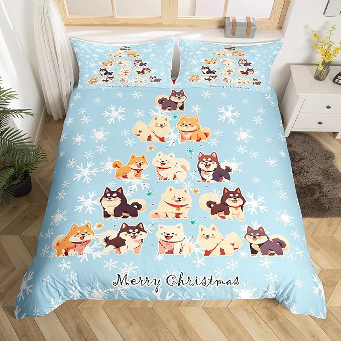 Manfei Xmas Tree Duvet Cover Set Full Size, Cute Christmas Dogs Print Comforter Cover with 2 Pillowcases, New Year White Snowflake Print Bedding Set 3pcs for Kids Boys Girls Bedroom Decor,No Comforter