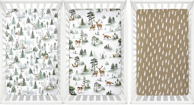 PHF 3 Pack Soft Woodland Crib Sheets Fitted, Silky Comfy Breathable Baby Sheets for Boys Girls Neutral, 28x52 Inches Fits Standard Crib and Toddler Mattresses, Woodland