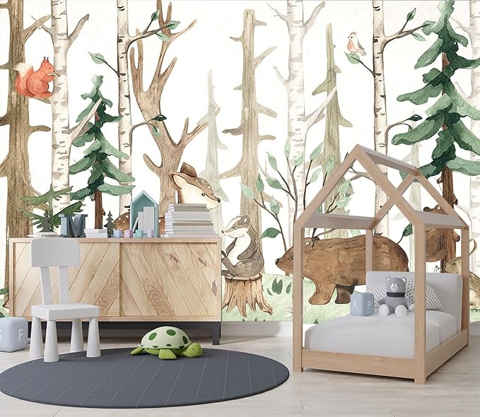 XMPMBM-Cartoon Hand-Painted Animals Woodland Nursery Room Fabric Wallpaper Graffiti Pine Forest Kids Gaming Room Wall Mural-W 154" X H 105"（112 Square Foot）