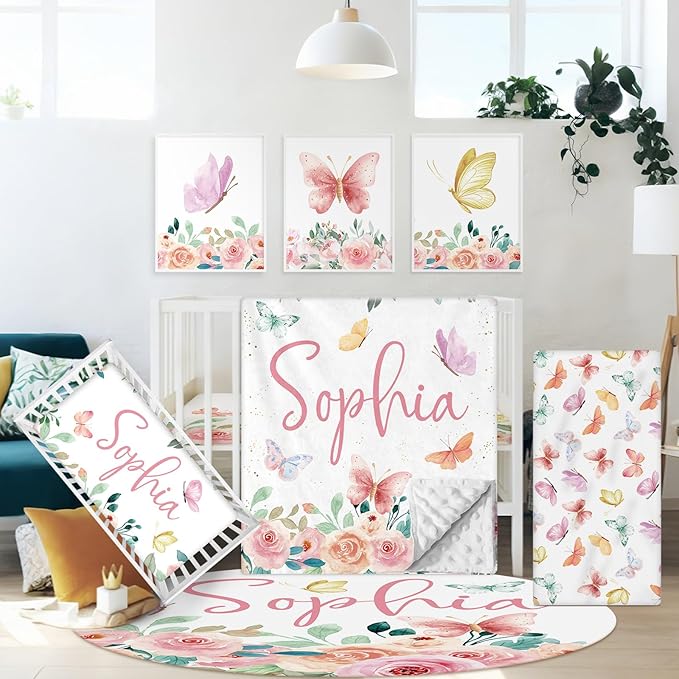 Personalized Baby Crib Bedding Set for Girls, 5 Pcs Pink Butterfly Crib Set for Baby, Custom Name Double Layer Nursery Bedding Sets for Infant Toddlers, Customized Gifts for Newborns