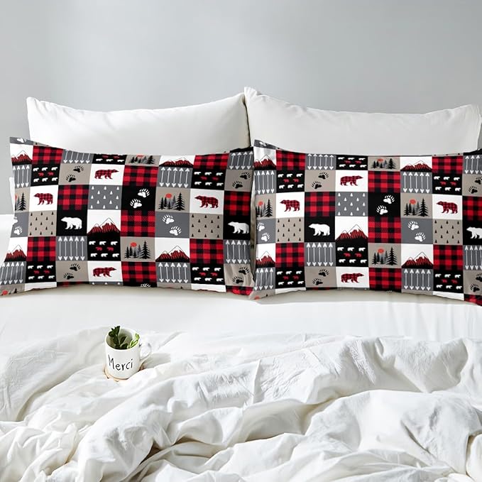 Manfei Christmas Duvet Cover Set King Size Cute Bear Tree Print Comforter Cover Geometric Checkered Bedding Set 3pcs for Kids Boys Girls Cartoon Animal Bedspread Cover with 2 Pillowcases,No Comforter