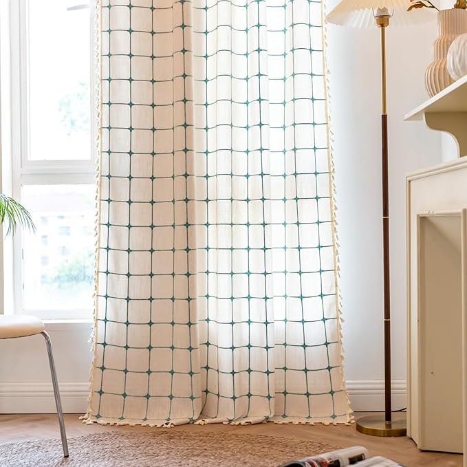 Deeprove Boho Curtains 72 Inches Long for Laundry Room Classroom, Linen Plaids Turquoise Embroidery Semi Blackout Bohemian Farmhouse Window Treatment Grids Drape Tassels, 1 Panel W52 x L72 Beige